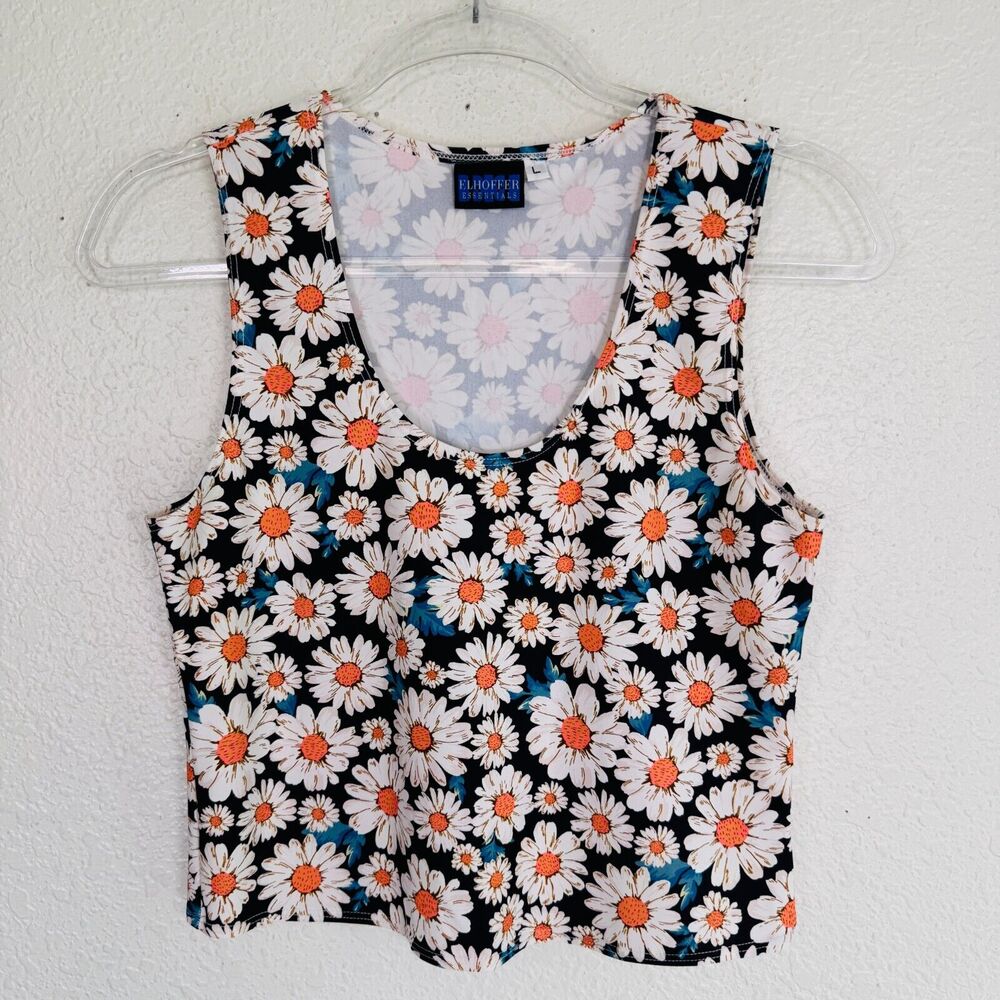Elhoffer Tank Top Women Large Daisy Floral Buffy Crop Stretch Summer Spring Boho